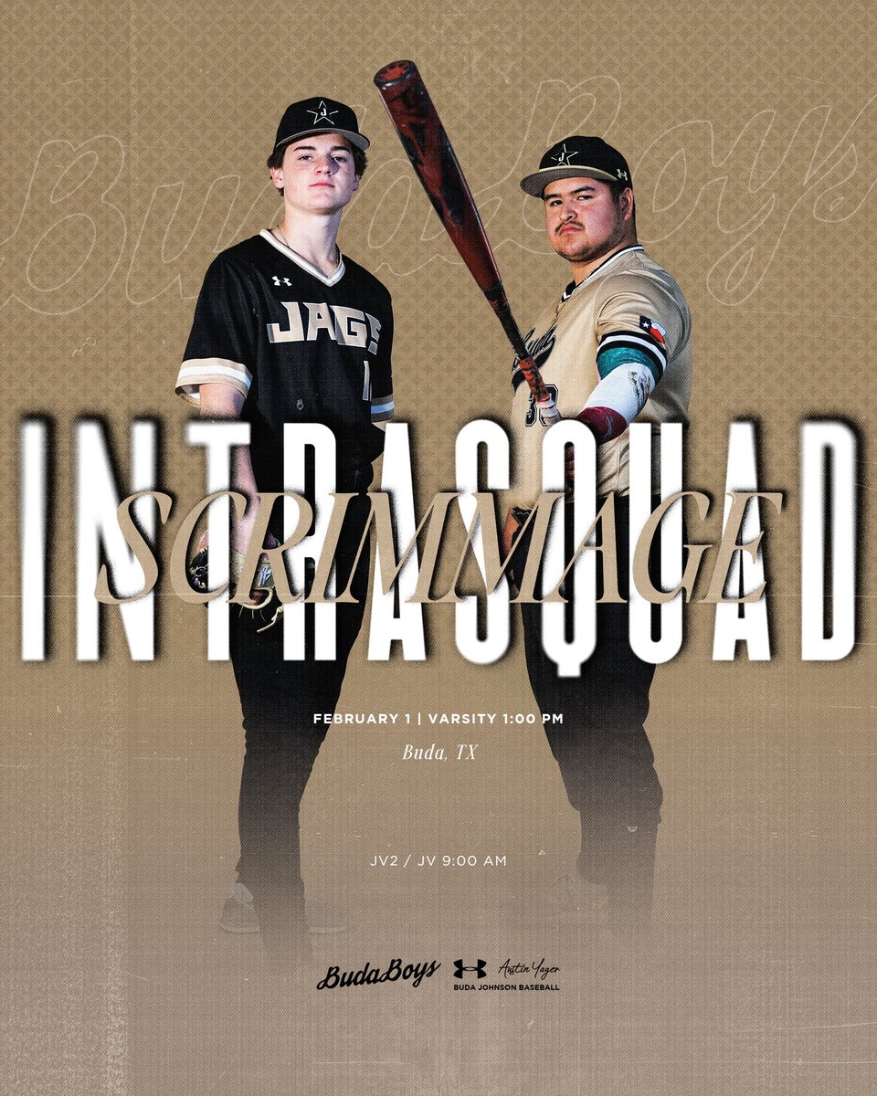INHOUSE Media (@inhousemediatx) on Twitter photo Us vs Us. #BudaBoys <a href="/_JaguarBaseball/">Buda Johnson Baseball</a> <a href="/CoachYager/">Austin Yager</a>
Come check out the Buda Boys Tomorrow.
Varsity 1:00 pm
JV2/JV 9:00 am
Artwork Powered by <a href="/inhousemediatx/">INHOUSE Media</a> #BuiltWithin Us vs Us. #BudaBoys <a href="/_JaguarBaseball/">Buda Johnson Baseball</a> <a href="/CoachYager/">Austin Yager</a>
Come check out the Buda Boys Tomorrow.
Varsity 1:00 pm
JV2/JV 9:00 am
Artwork Powered by <a href="/inhousemediatx/">INHOUSE Media</a> #BuiltWithin