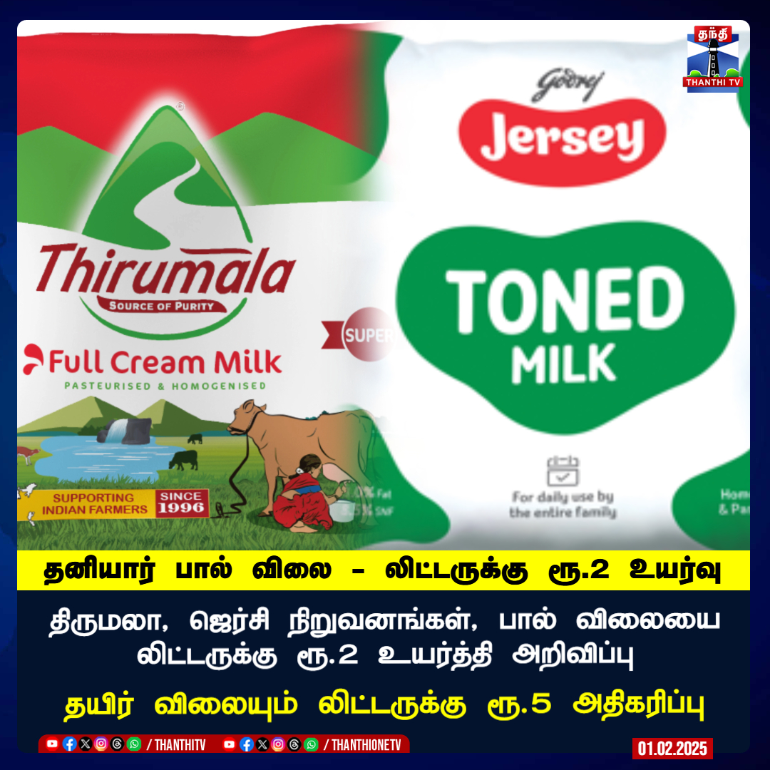 ThanthiTV's tweet photo. திருமலா, ஜெர்சி நிறுவனங்கள், பால் விலையை லிட்டருக்கு 2 ரூபாய் உயர்த்தி அறிவிப்பு
தயிர் விலையும் லிட்டருக்கு 5 ரூபாய் அதிகரிப்பு
#Milk #Tirumala #Jersey #MilkPrice #MilkPackets #Curd #Rate https://t.co/GCHDK7TXyl