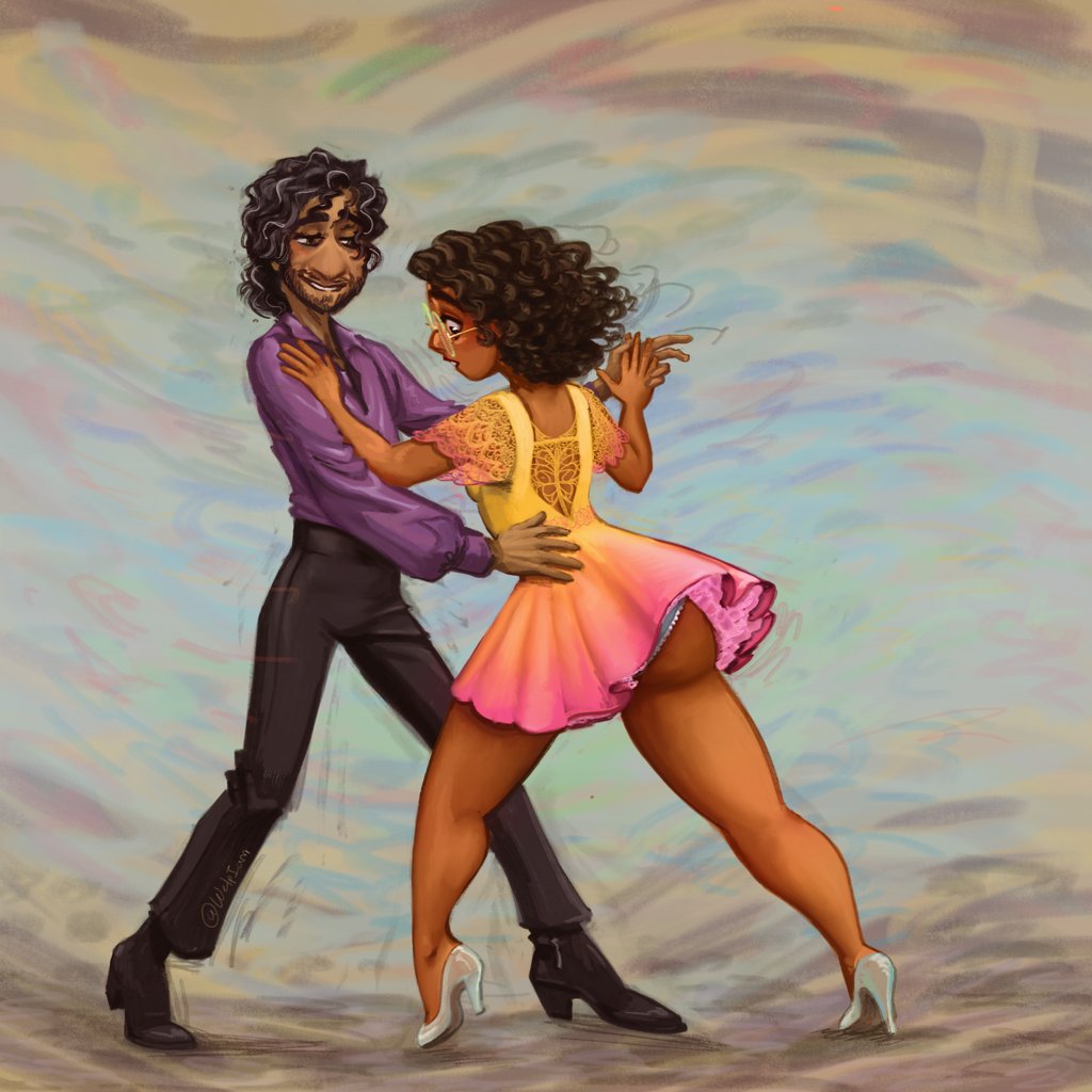 Who let her bring her uncle to a school dance?? And who let her get away with such a short dress? Silly girl. 
(So I just really wanted to draw my old man in Cuban heels because I thought he'd look marvelous in them.)
#brumira #madrigalcest #mirabruno