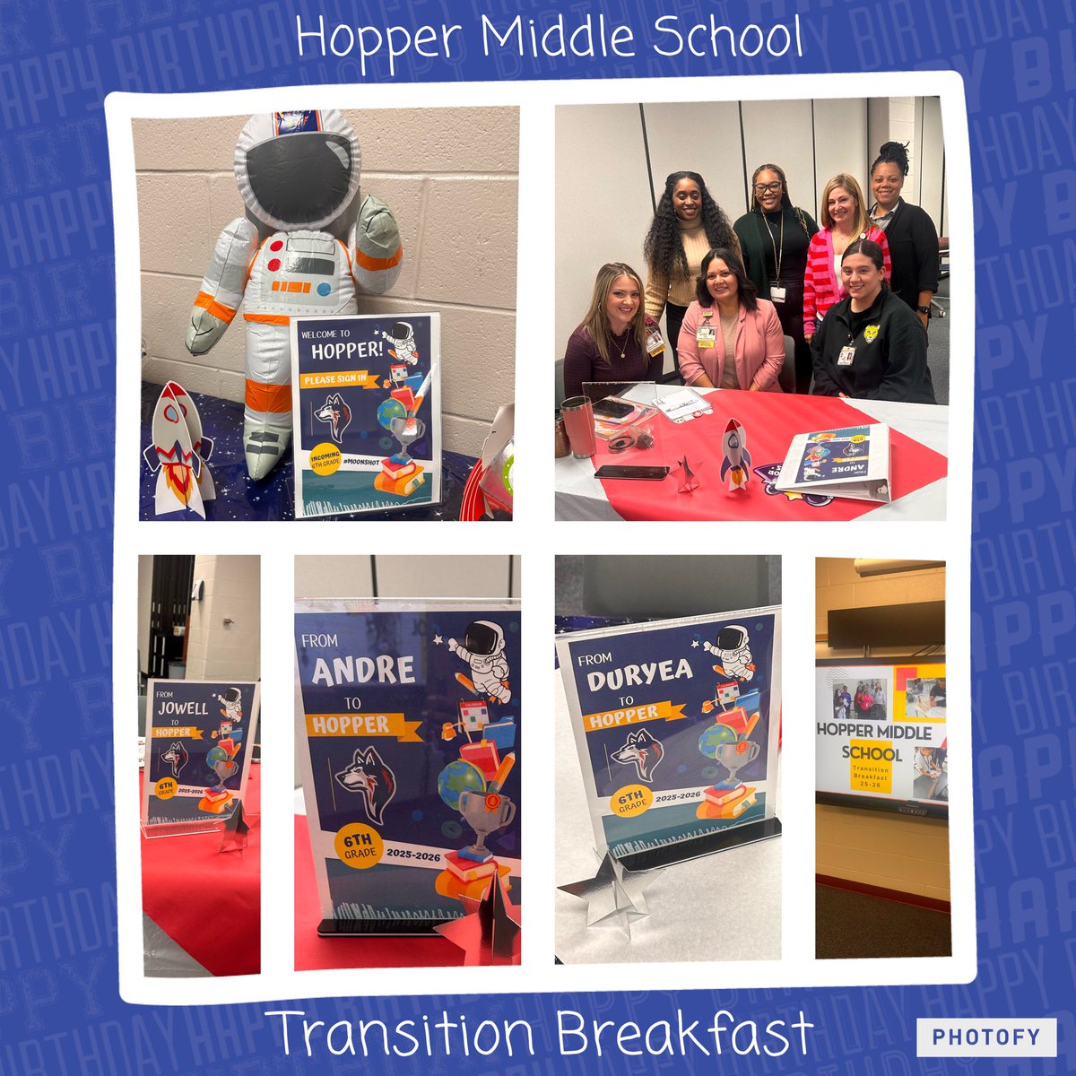Hopper Counselors (@hoppercounselor) on Twitter photo Thanks to our amazing elementary feeders for joining us at our Transition Breakfast! Weāre ready for LIFT OFF!
Jowell Elementary
Andre Elementary
Duryea Elementary
#Moonshot
<a href="/alonaboykin/">Alona Boykin</a> <a href="/RoshundaKnight/">Roshunda Knight</a> <a href="/HopperMS/">Hopper Middle School</a> Thanks to our amazing elementary feeders for joining us at our Transition Breakfast! Weāre ready for LIFT OFF!
Jowell Elementary
Andre Elementary
Duryea Elementary
#Moonshot
<a href="/alonaboykin/">Alona Boykin</a> <a href="/RoshundaKnight/">Roshunda Knight</a> <a href="/HopperMS/">Hopper Middle School</a>