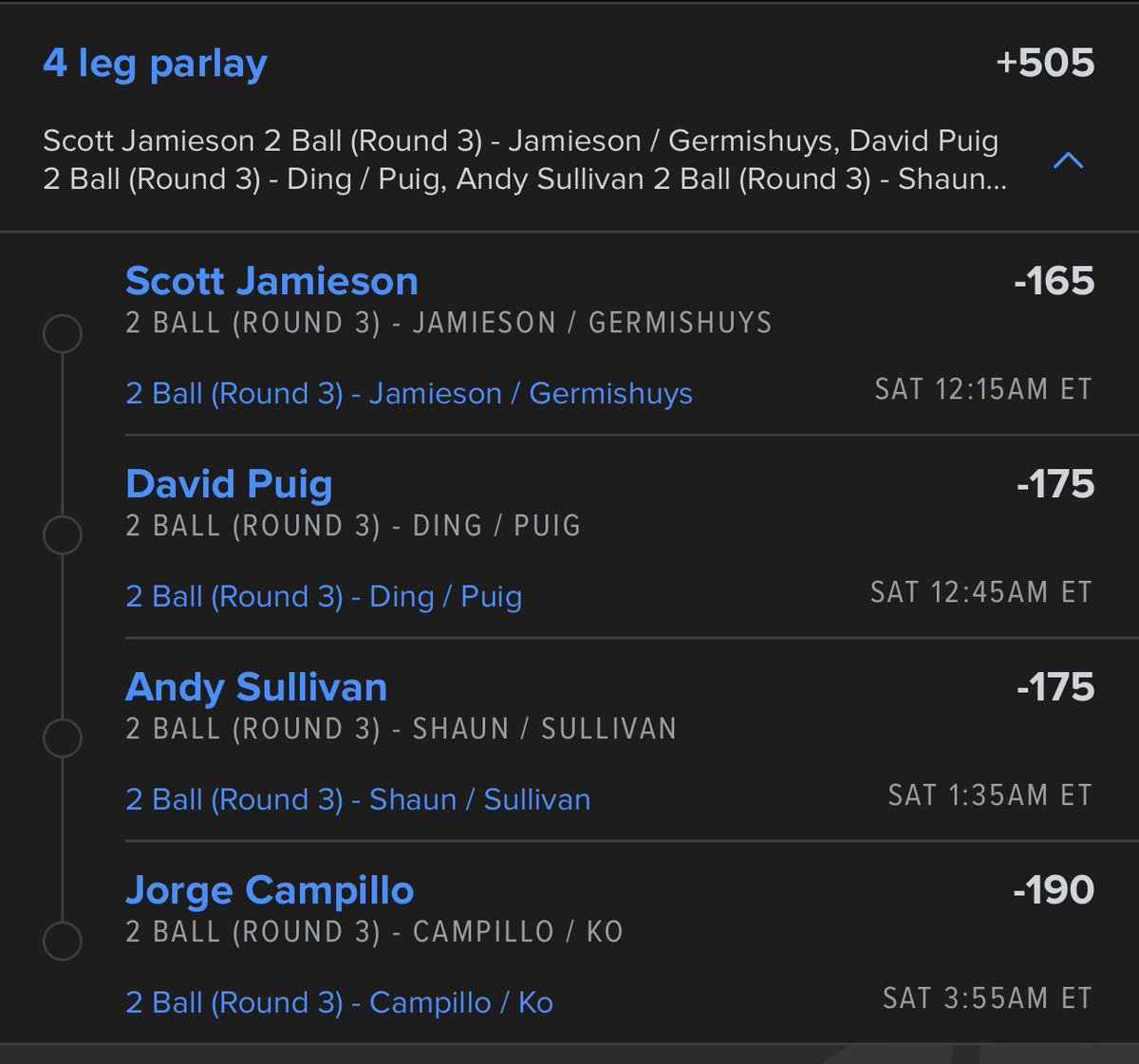 jgBETS_'s tweet image. Overnight 2 ball play💰🏌️💤

#SportsBettingX #GamblingX #golf #BahrainGolfChamps