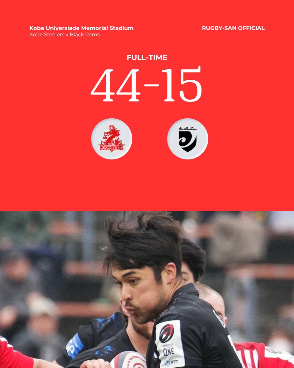 FULL-TIME 

<a href="/kobe_steelers/">コベルコ神戸スティーラーズ🏉</a> 44-15 <a href="/RICOH_BlackRams/">BlackRams Tokyo | ブラックラムズ東京</a> 

Player of the Match - Ataata Moeakiola

#rugbyjp