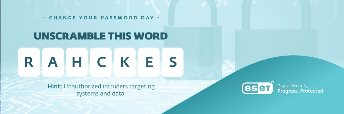 🧩 Can you crack the code?

Unscramble the password and mark #ChangeYourPasswordDay! Strengthen and update your passwords to protect your info. 

#ESET #ProgressProtected