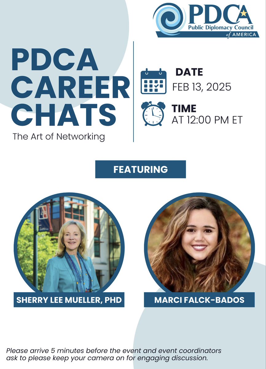 On February 13, PDCA is hosting a Career Chat for young professionals who are interested in enhancing networking skill. 

🔔 Join us via zoom to learn from two seasoned professionals and take your networking skills to the next level! RSVP now: us02web.zoom.us/meeting/regist…