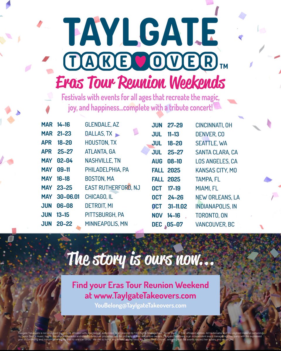 taylgatetakeovers.com/?ref=CASSYSIMM…
It’s here! We remember the eras tour all too well and the magic that came with it. Join us in reuniting and living that joy again with all the swiftivities in the very city you attended the eras tour!! 🫶🏼
#TaylgateTakeovers #ErasReunionWeekends #Swifties