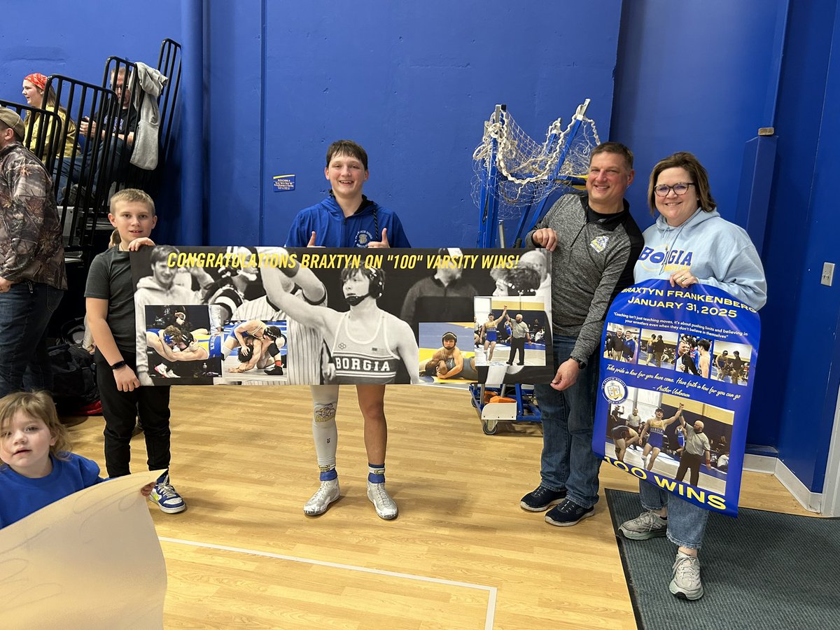 Congratulations to Braxtyn Frankenberg (157)  on achieving his 100th win at his last home meet as a Borgia Knight!