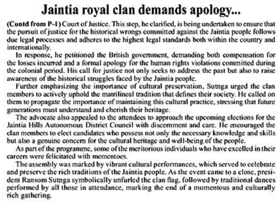 TheNEdialogue's tweet image. The Syiem Sutnga clan of the Jaintia royal lineage has formally demanded an apology and reparations from the British government for the colonial atrocities inflicted on their people. 

The fight for justice continues. 

#JaintiaHistory #ColonialReparations #Bharat #meghalaya