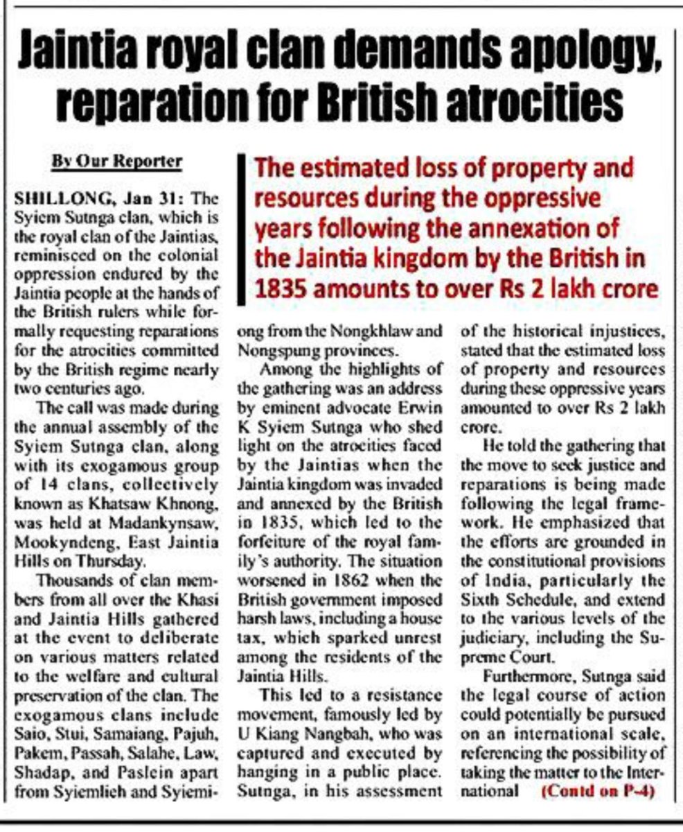 TheNEdialogue's tweet image. The Syiem Sutnga clan of the Jaintia royal lineage has formally demanded an apology and reparations from the British government for the colonial atrocities inflicted on their people. 

The fight for justice continues. 

#JaintiaHistory #ColonialReparations #Bharat #meghalaya
