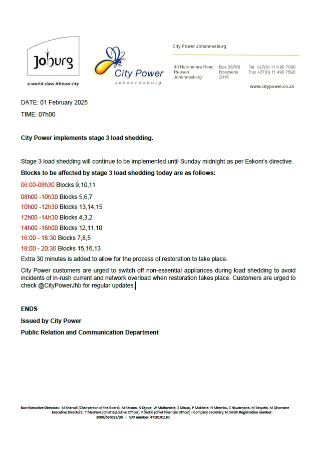 CityPowerJhb's tweet photo. #CityPowerUpdates #LoadsheddingUpdate 

Stage 3 Loadshedding will continue to be implemented until Sunday midnight as per Eskom's directive.

Following Eskom's declaration, City Power will consequently implement the same.   ^IM https://t.co/0JyoCg6bZl