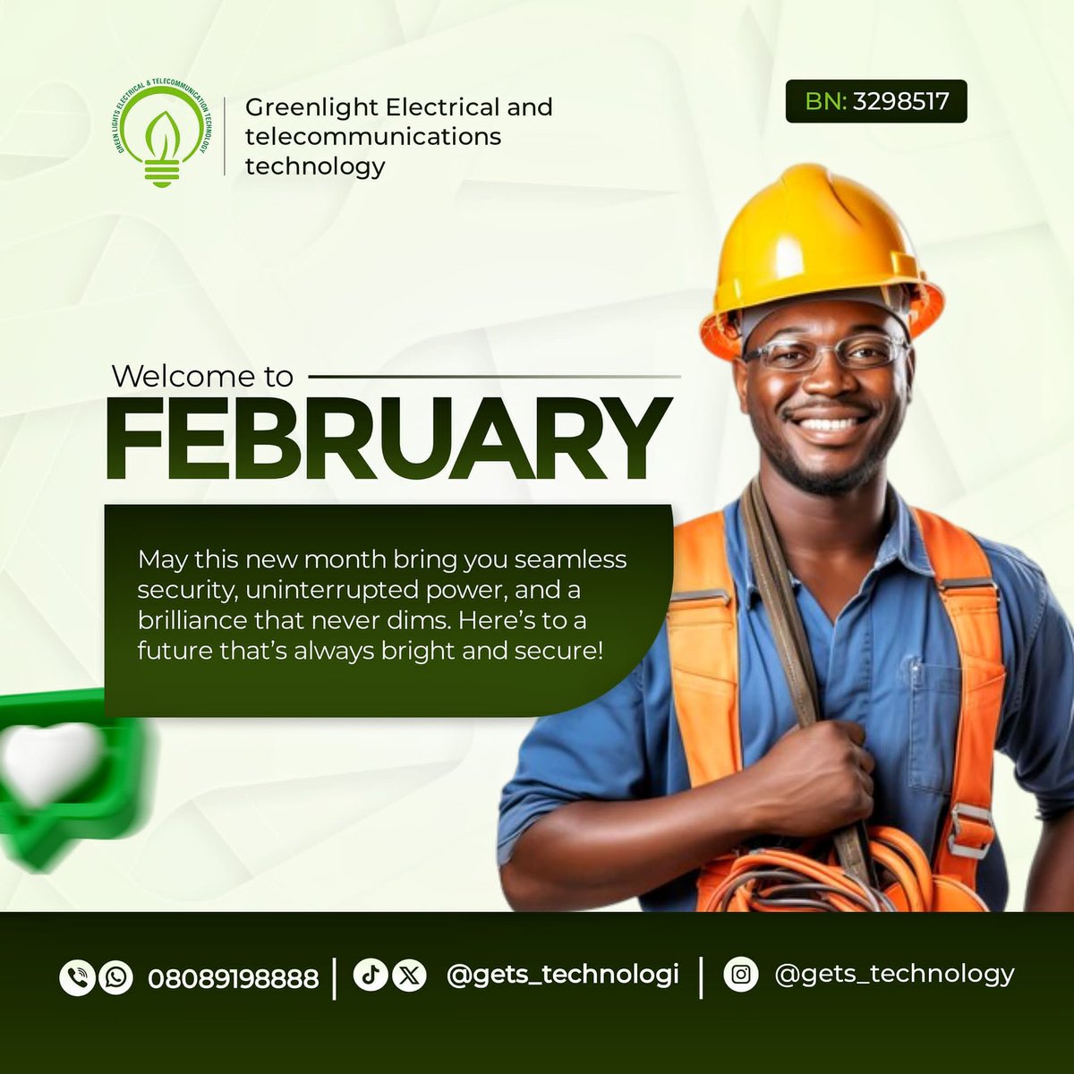 Gets_technologi's tweet photo. From Greenlight Tech, we welcome you to February! A fresh start, new opportunities, and endless possibilities. May this month bring you success, joy, and the energy to achieve your goals. Stay positive and let your light shine! ✨💡 #FebruaryWins #StayMotivated #GreenlightTech https://t.co/wmPy9GgPUE
