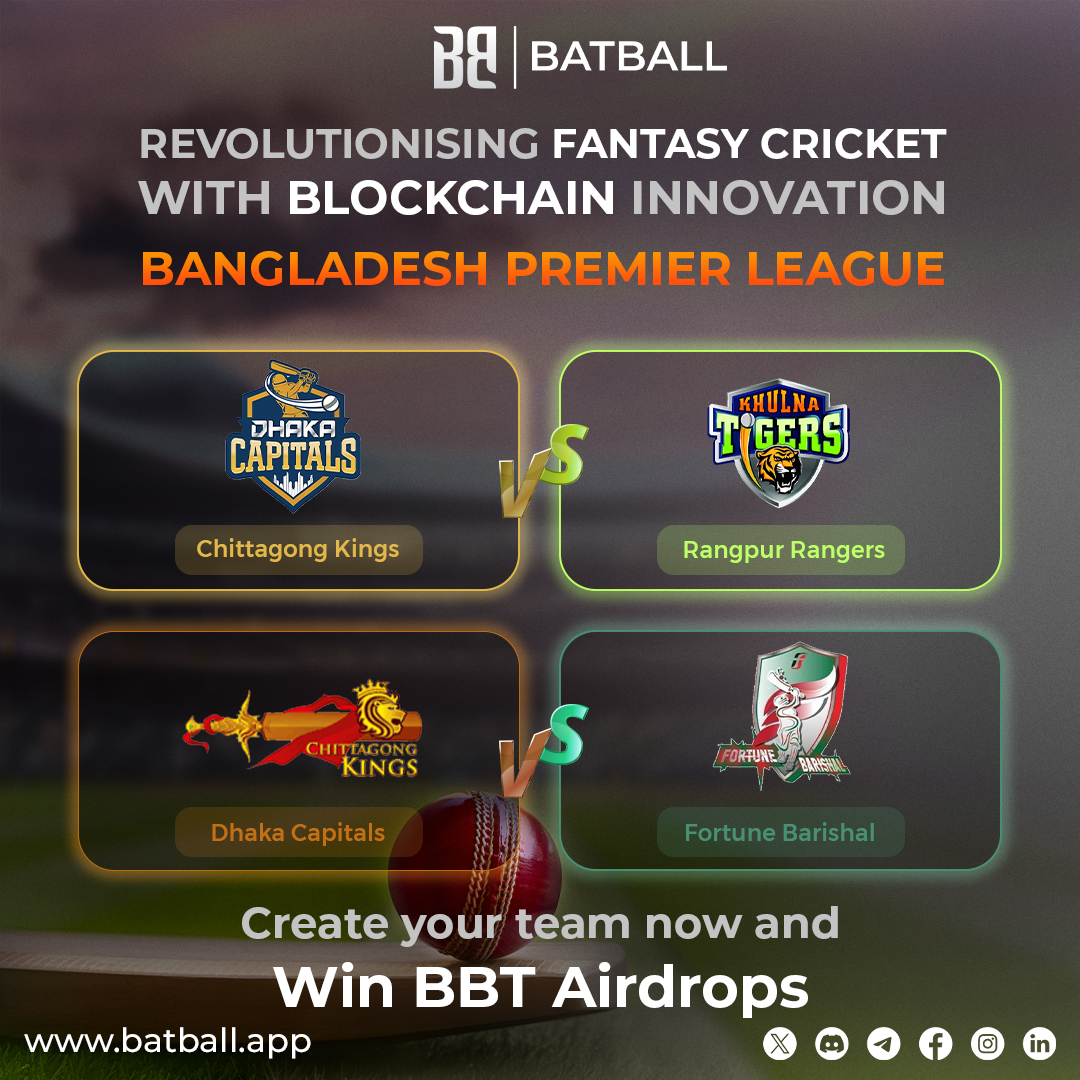 batball_app's tweet photo. ✨ Win Up to 30 BBT #Airdrops per match by joining today’s Mini Contests!

🔥 Today’s Matches:
BPL:
1️⃣ Dhaka Capital🆚 Khulna Tigers
2️⃣ Chittagong Kings 🆚 Fortune Barishal

💡 Claim #15BBT Airdrops by joining us on social media! Grow your BBT to participate in these exciting contests.

🛡️ Create Your Team Now: https://t.co/Hspt7HdQzI

🎯 Don’t wait—turn your cricket knowledge into rewards. Play now! 💪✨

#FantasyCricket #bplt20 #BPL2025
