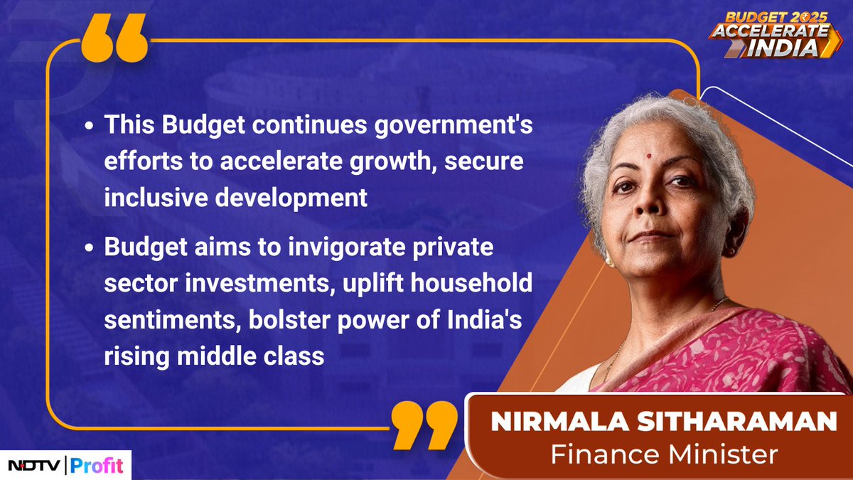 NDTVProfitAlpha's tweet photo. Thread 🧵

Finance Minister @NSitharaman presents #Budget2025 in the Parliament. 

Watch live: https://t.co/lLfzzpVXFs https://t.co/HrQr8znJoM