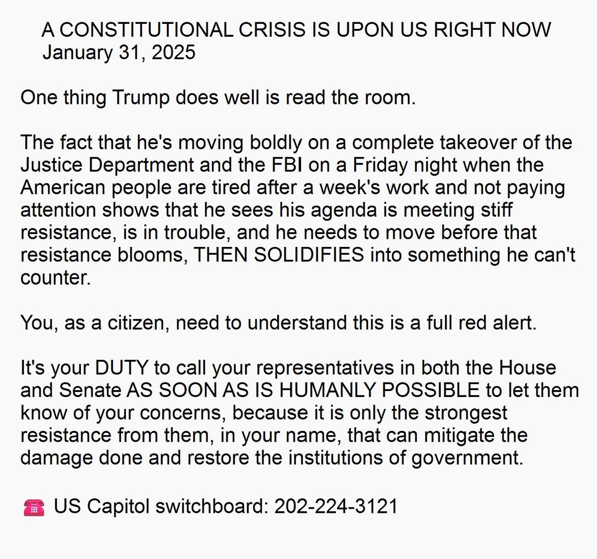 Trump's sweeping purge of the FBI and the Justice Department is unprecedented. Both are supposed to be nonpolitical. Yet he is firing professionals who do their job without regard to the party in power. Call your member of Congress. This is a step toward fascism.