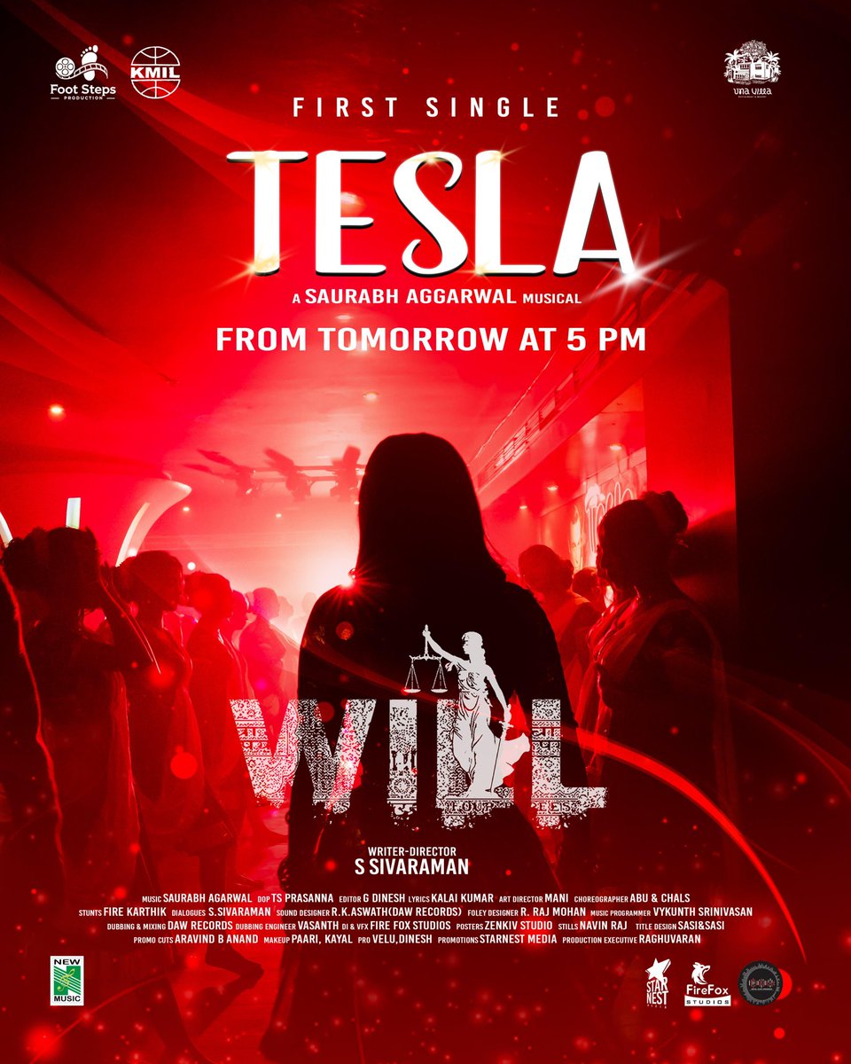 Get ready for a musical ride like never before! 🎶💃#Tesla – The first single From #Will Drops Tomorrow At 5 Pm! 🔥 

Special appearance <a href="/vikranth_offl/">Vikranth Santhosh</a>
Staring <a href="/soniya_agg/">Sonia aggarwal</a> 

A <a href="/Saurabh_music22/">Saurabh Aggarwal</a> Musical

Directed by #Sivaraman

<a href="/footsteps__off/">Foot steps production</a> #Teslasong
#Willmovie #starnestmedia