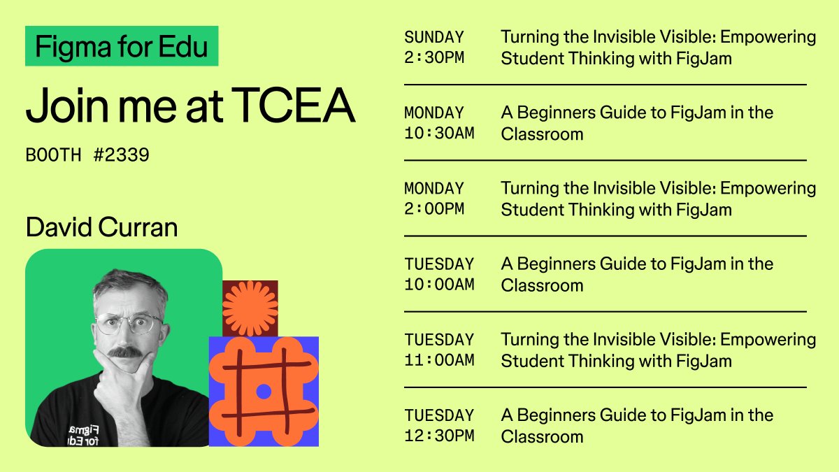 Heading to #TCEA tomorrow and could not be more excited to jam out with my <a href="/figma/">Figma</a> for Edu crew and the amazing educators that attend this conference. 

Stop by booth #2339 for a good time, student focused sessions, and a massive high five! 🖐️ 

#FigmaEdu #FigJam #Figma