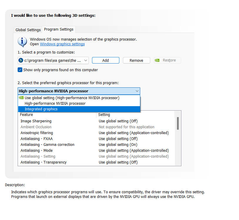 For those who have experienced The Sims 1 Legacy Edition not starting up, if your computer uses NVIDIA, try out this method:
- Right click on your desktop > show more options > Nvidia control panel
- Click program settings > add > browse > find your sims.exe location (it's