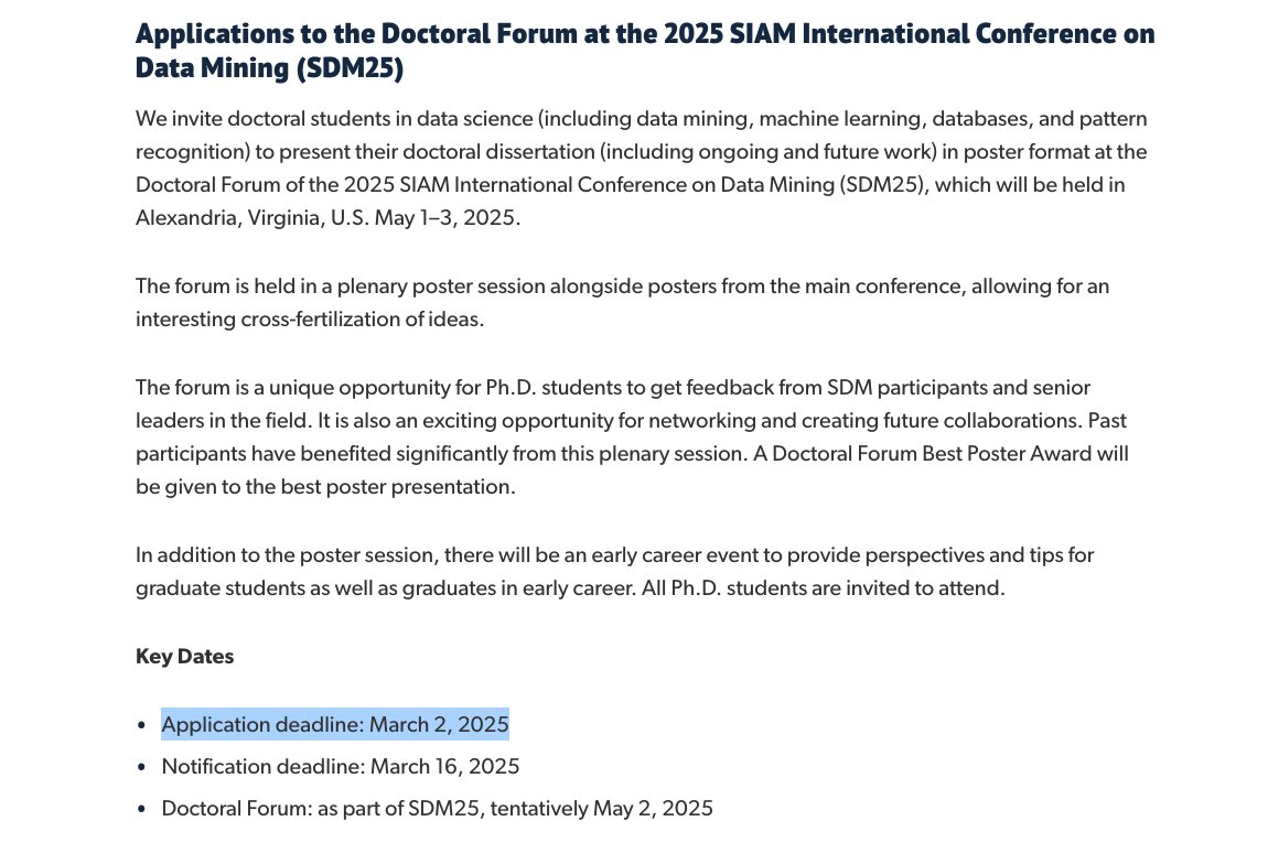 TylersNetwork's tweet image. The call for Doctoral Forum at SDM 2025 is now open! 

We welcome your submissions by March 2nd  docs.google.com/forms/d/e/1FAI… 

More details at siam.org/conferences-ev…