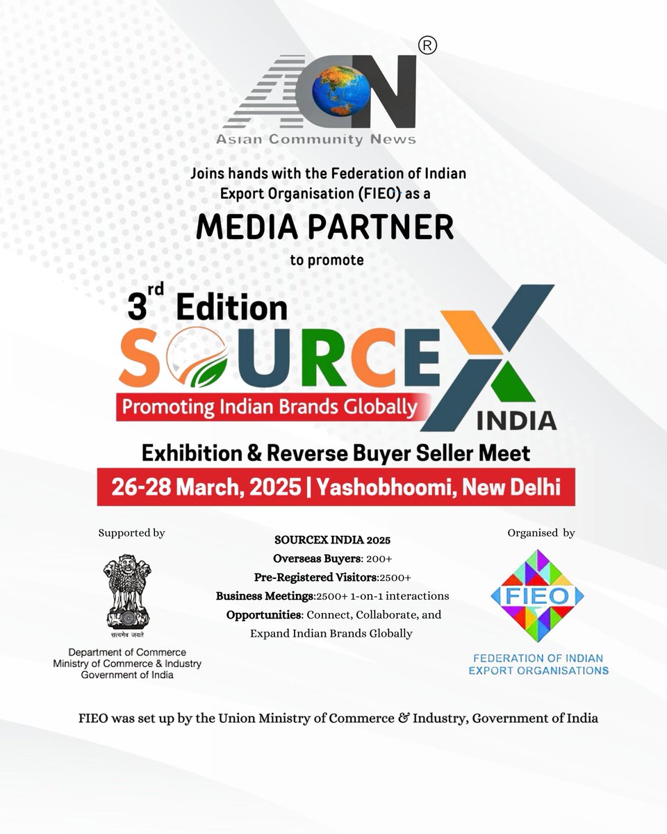 Asiancommunity1's tweet photo. Proudly promoted by **Asian Community News (ACN) Network** as the official media partner to support Indian brands in expanding globally.  

#SourcexIndia2025 #GlobalBusiness #ACNNetwork #YashobhoomiEvents #IndianBrands #BusinessOpportunities https://t.co/D6reSuz9ql