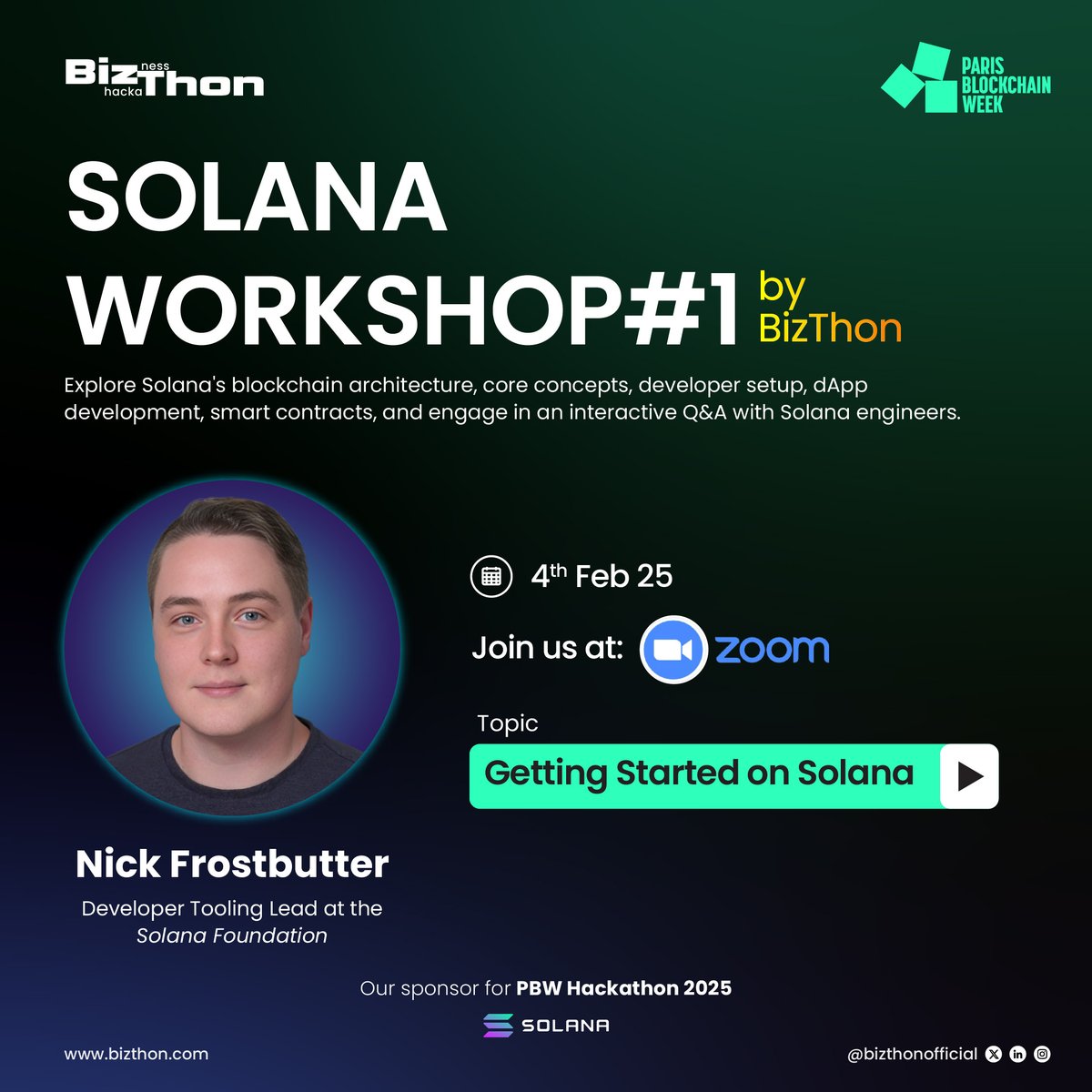 BizthonOfficial's tweet image. 🚀 Get Started on Solana with @nickfrosty!
Join us for an exclusive workshop led by Solana's Developer Tooling Lead, where you'll:
✅ Learn Solana’s core concepts
✅ Set up your dev environment
✅ Build your first dApp & smart contract
🎯 Quiz & prizes included!
📅 Date:…