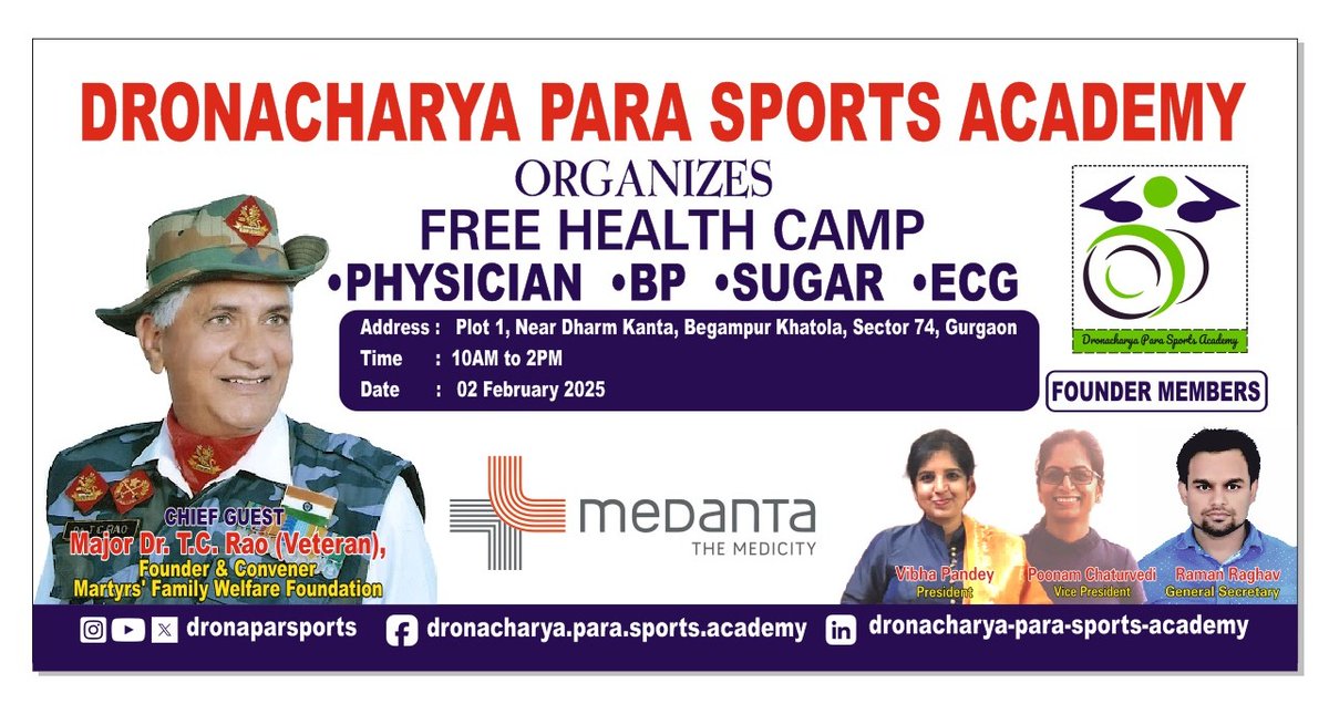 dronaparasports's tweet photo. Dronacharya Para Sports Academy's founder members cordially invite all for Free medical health camp in alliance with Medanta - the Medicity 🙏

@DrTCRaoKosaliya @vibhapandey
@poonamchaturv @RamanRaag
@medanta @PCI_IN_Official @ParalympicIndia https://t.co/aqtXy1Yq4p