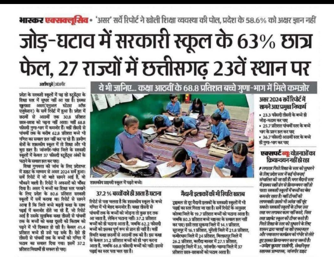 यहां  फेल राज्य के बच्चे नही !
यहां की शिक्षा व्यवस्था हुई है।
जहां स्कूलों में पर्याप्त शिक्षक व संसाधन नही है।
इसी कारण पूरे देश मे राज्य का स्थान 23वें स्थान पर है।
शिक्षा व्यवस्था का यह हाल राज्य की मैदानी से लेकर वनांचन क्षेत्र तक है।
नेता शिक्षा व्यवस्था के लिए बड़ी बड़ी