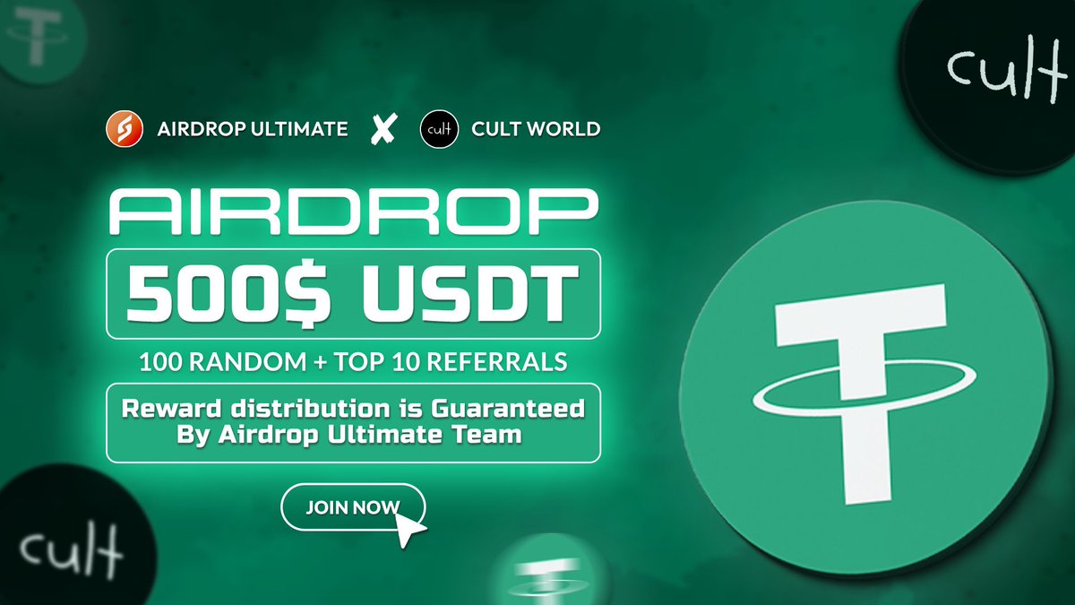 New Airdrop: Cult World
Reward: $500 USDT
Distribution: 10th February 

🔗Airdrop Link: t.me/CultWorldAirdr…

-Complete all tasks of the airdrop
-Submit Your BSC Wallet Address
-For 100 Random Lucky Peoples

-The top 10 referrals will get 10$ USDT Each

Done