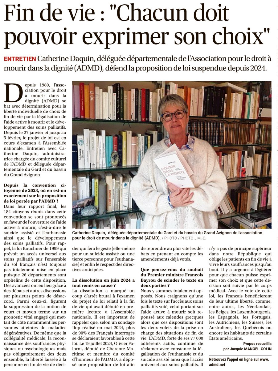 📰 Fin de vie : "Chacun doit pouvoir exprimer son choix", selon <a href="/CatherineDaquin/">DAQUIN Catherine</a>, déléguée de l’@ADMDFrance pour le #Gard. - La Provence
#santé #politique #findevie #Euthanasie #soinsPalliatifs
👉🏻 Je signe la pétition : admd.net/agir/nous-aide…