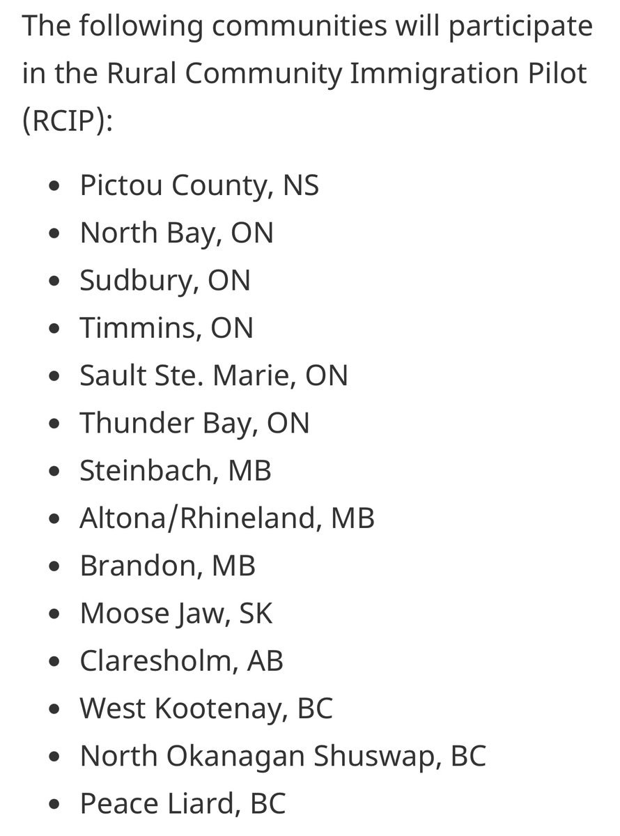 valdombre's tweet image. The Liberal government is introducing the Rural Community Immigration Pilot to increase immigration into rural Canada.
Here are the towns/regions participating: