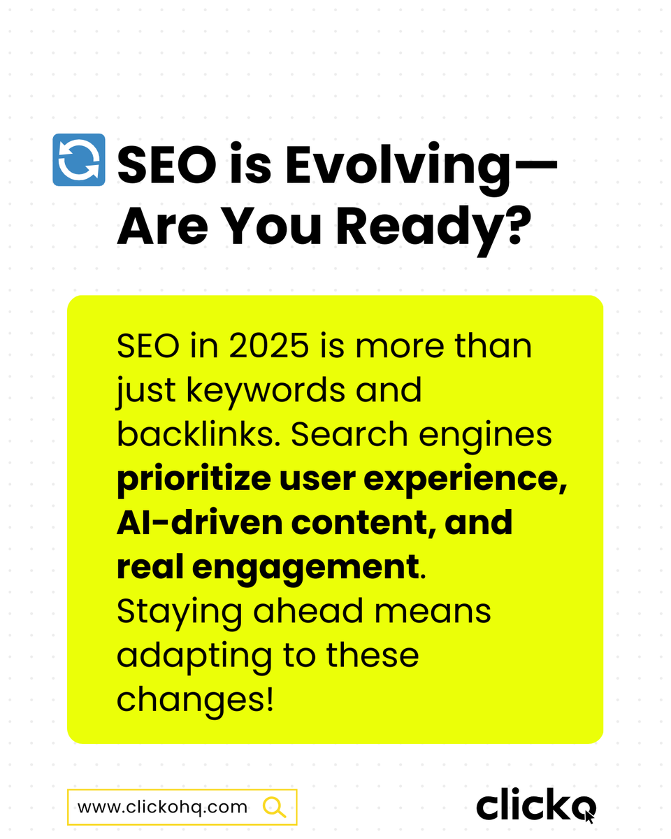ClickoHQ's tweet photo. SEO is changing fast—are you keeping up?
In 2025, ranking on Google isn’t just about keywords! To stay ahead, businesses must focus on:

See threads.... https://t.co/pXgUBK5aeI