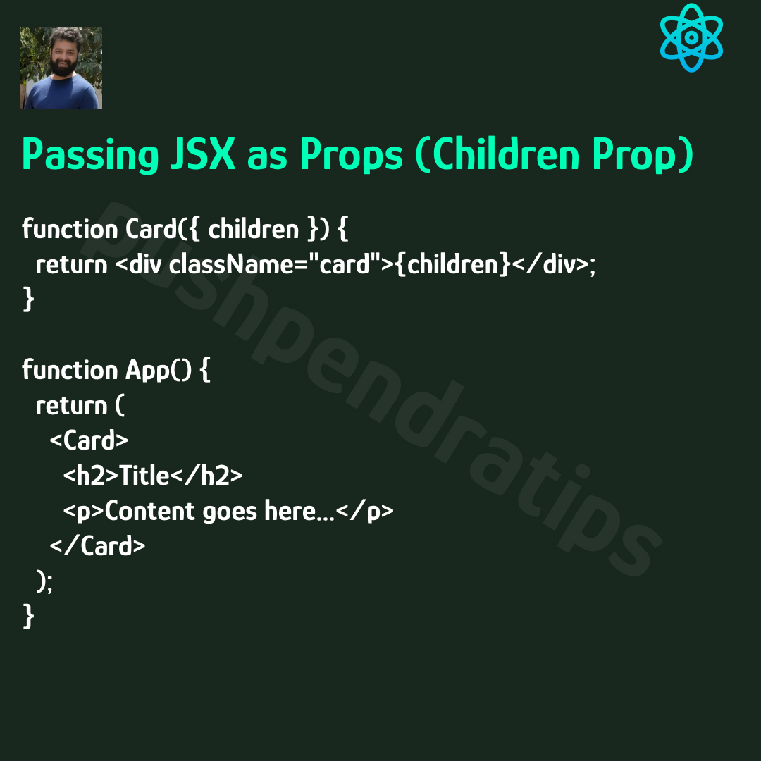 pushpendratips's tweet photo. Passing JSX as Props (Children Prop) ๐
--------------------------------------------
๐น #ReactJS๐น #React๐น #ReactDeveloper
๐น #ReactNative๐น #ReactComponent https://t.co/vRJwsqYlxc