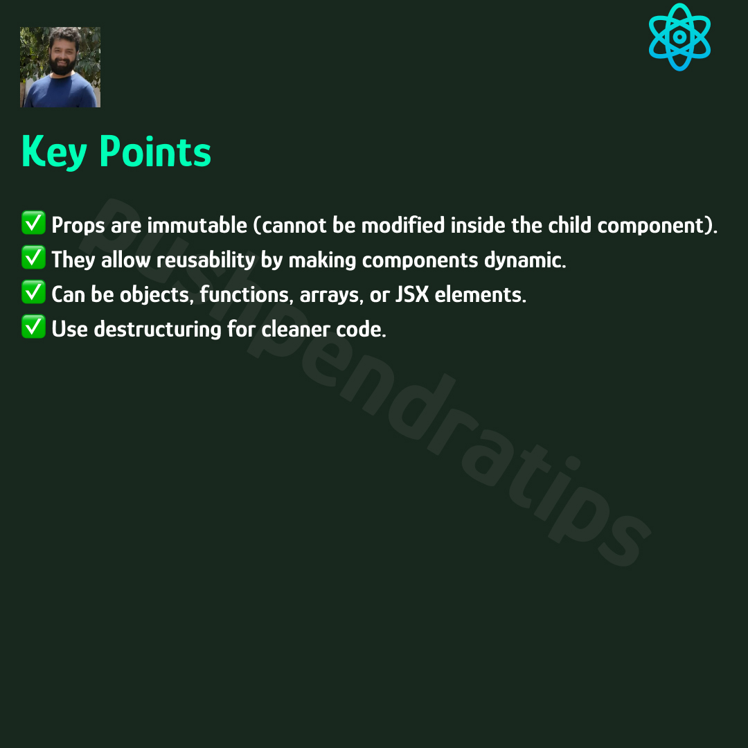 pushpendratips's tweet photo. Key Points ๐
--------------------------------------------
๐น #ReactJS๐น #React๐น #ReactDeveloper
๐น #ReactNative๐น #ReactComponent https://t.co/zFuO23kpbH