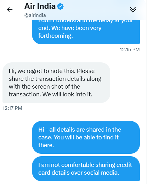 iamrnman1's tweet photo. @airindia Hi - sharing the screenshot of your response for full transparency. You requested transaction info, I am not comfortable sharing that over social media &amp; have already shared this over the case ID. May be you can check the case ID (shared earlier over DM) before this response? https://t.co/HY23ep5Ba8