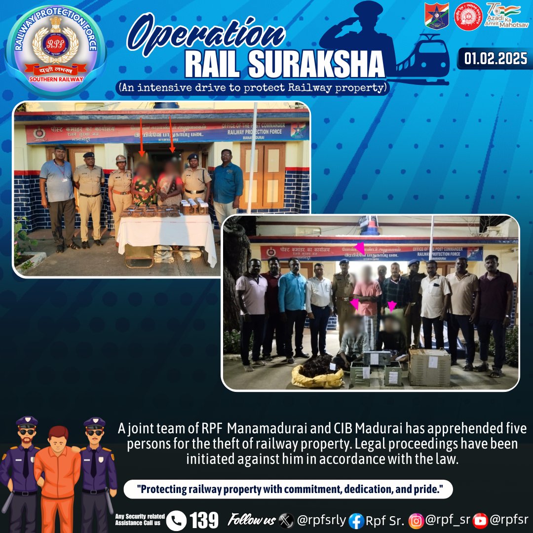 rpfsrly's tweet image. A joint team of RPF Manamadurai and CIB Madurai apprehended five individuals for theft of railway property. Legal proceedings have been initiated as per the law.

Ensuring railway security — no compromise! 🔒 #RPF #RailwayProtection #IndianRailways #SafetyFirst @RPF_INDIA