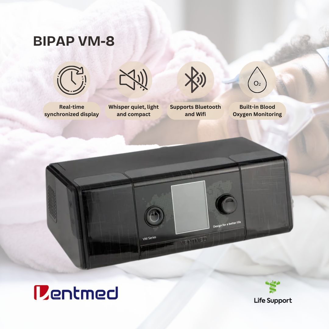 LifeSupportMV's tweet image. Discover restful nights with the Ventmed BIPAP VM-8, offering synchronized sleep analysis and precise oxygen tracking. Its lightweight design ensures comfort, while Bluetooth and Wi-Fi enable effortless data sharing. 💤📊 #RelaxAndRecharge #SleepTech #bipapmachine #sleepwell