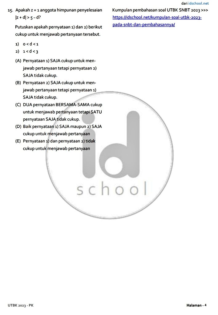 idschool_net's tweet image. Jumlah SOAL PK di UTBK 2023 itu sebanyak 15 soal. 

5 Soal lebih sedikit dari jumlah soal PK UTBK 2024

Ini salah satu paket soal PK UTBK 2023 (15 soal) ✨️