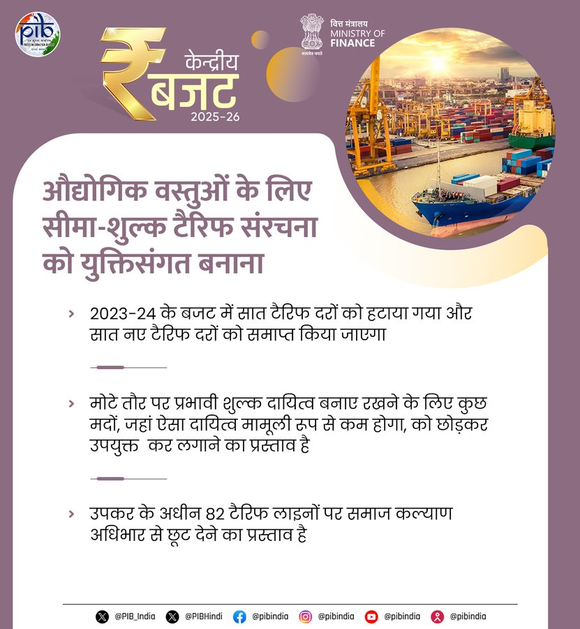 FinMinIndia's tweet photo. औद्योगिक वस्तुओं के लिए सीमा-शुल्क टैरिफ संरचना को युक्तिसंगत बनाना

🔹2023-24 के बजट में सात टैरिफ दरों को हटाया गया और सात नए टैरिफ दरों को समाप्‍त किया जाएगा

🔹उपकर के आधीन 82 टैरिफ लाइनों पर समाज कल्याण अधिभार से छूट देने का प्रस्ताव है

#ViksitBharatBudget2025 #Budget2025 #UnionBudget2025