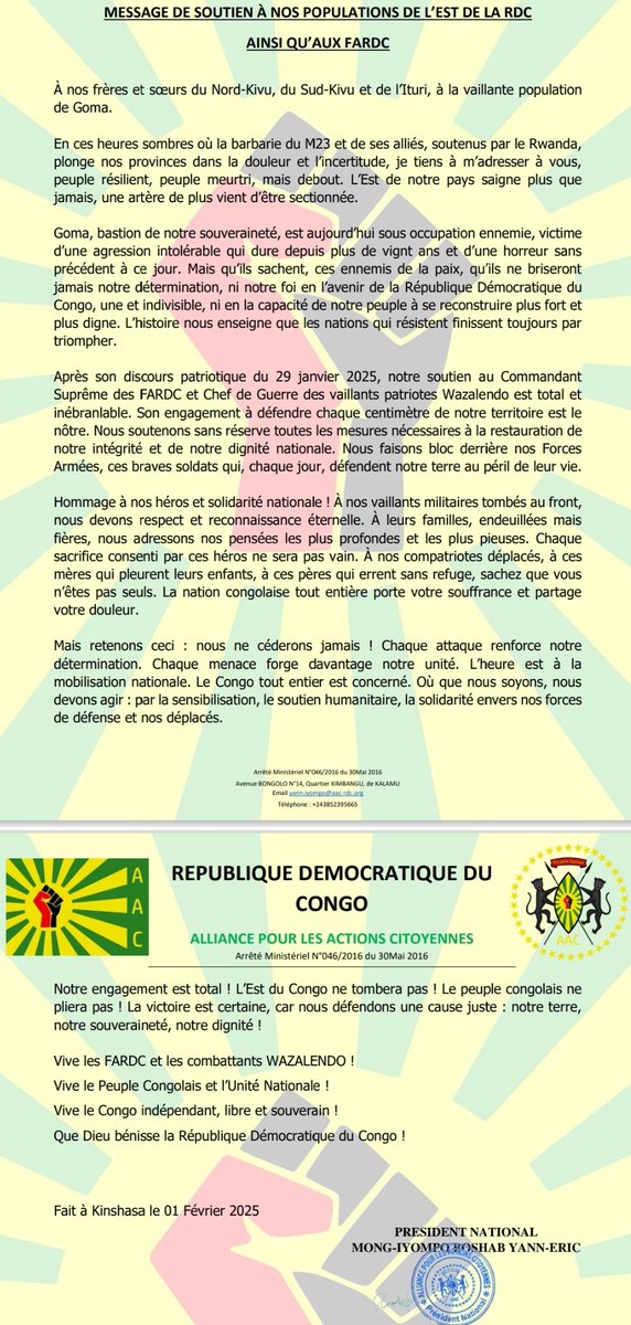 iyompo's tweet image. Message de soutien à nos populations de l’Est de la RDC ainsi qu’aux FARDC 🇨🇩✊🏿‼️

À nos frères et sœurs du Nord-Kivu, du Sud-Kivu et de l’Ituri, à la vaillante population de Goma,

En ces heures sombres où la barbarie du M23 et de ses alliés, soutenus par le Rwanda, plonge nos…