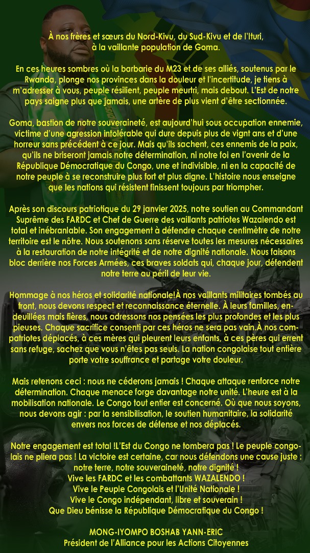 iyompo's tweet image. Message de soutien à nos populations de l’Est de la RDC ainsi qu’aux FARDC 🇨🇩✊🏿‼️

À nos frères et sœurs du Nord-Kivu, du Sud-Kivu et de l’Ituri, à la vaillante population de Goma,

En ces heures sombres où la barbarie du M23 et de ses alliés, soutenus par le Rwanda, plonge nos…