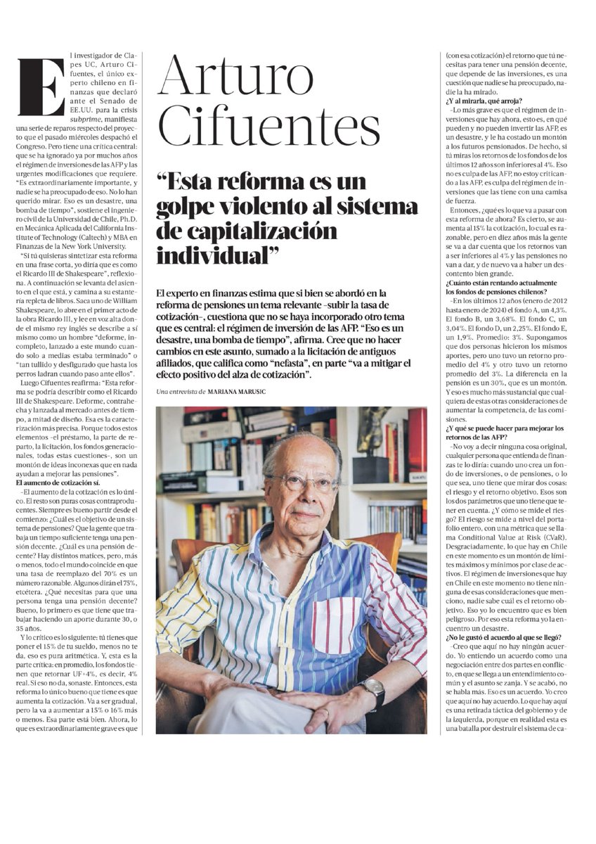 ClapesUC's tweet photo. [ENTREVISTA @latercera] Nuestro investigador Arturo Cifuentes calificó como "un golpe violento al sistema de capitalización individual" la #ReformaDePensiones aprobada esta semana por el Congreso.

También mostró su preocupación por la omisión de modificaciones al régimen de inversiones de las AFP.

“Es extraordinariamente importante, y nadie se ha preocupado de eso. No lo han querido mirar. Eso es un desastre, una bomba de tiempo”.