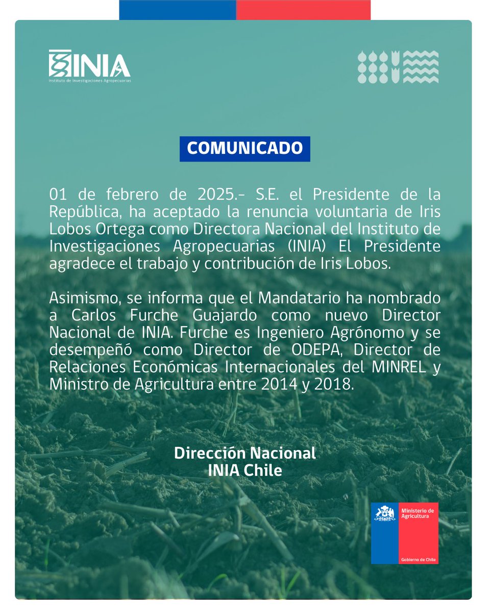 📢Comunicado:

Carlos Furche G., nuevo director nacional de #INIAChile
