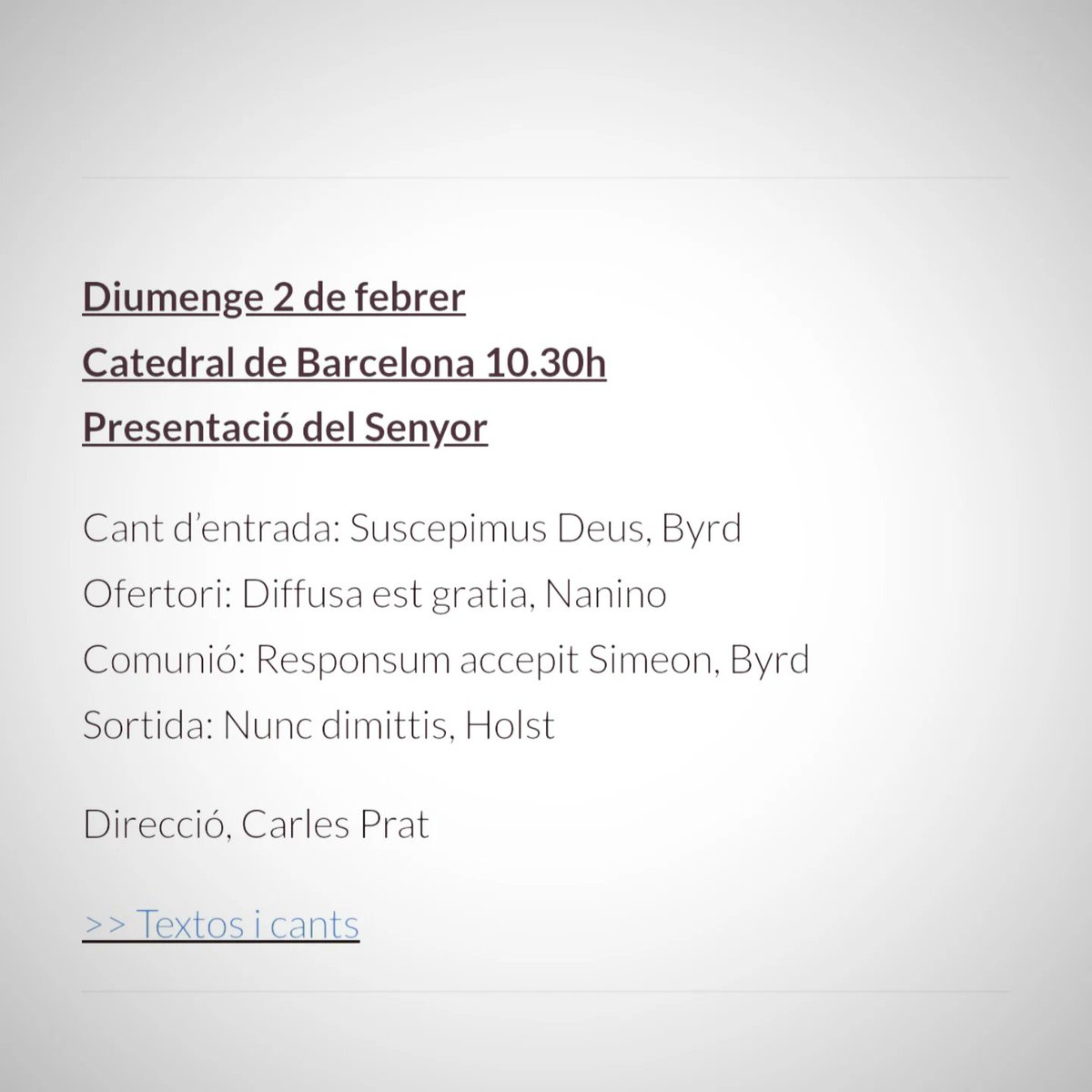Cor Francesc Valls (@corcatedralbcn) on Twitter photo Iniciem febrer amb motets de Stanford, Buxtehude, Elgar, Cererols, Nanino, Byrd i Holst
Diumenge 2 febrer
Sagrada Família 9h
Catedral Barcelona 10.30h
Direcció, Carles Prat
Orgue, Juan de la Rubia
<a href="/sagradafamilia/">La Sagrada Família</a> <a href="/catedralbcn/">Catedral de Barcelona</a>
<a href="/CarlesPrat4/">Carles Prat Vives</a> <a href="/JDELARUBIA/">Juan de la Rubia</a>
<a href="/SalesQueralt/">Queralt NO SURRENDER</a> Iniciem febrer amb motets de Stanford, Buxtehude, Elgar, Cererols, Nanino, Byrd i Holst
Diumenge 2 febrer
Sagrada Família 9h
Catedral Barcelona 10.30h
Direcció, Carles Prat
Orgue, Juan de la Rubia
<a href="/sagradafamilia/">La Sagrada Família</a> <a href="/catedralbcn/">Catedral de Barcelona</a>
<a href="/CarlesPrat4/">Carles Prat Vives</a> <a href="/JDELARUBIA/">Juan de la Rubia</a>
<a href="/SalesQueralt/">Queralt NO SURRENDER</a>