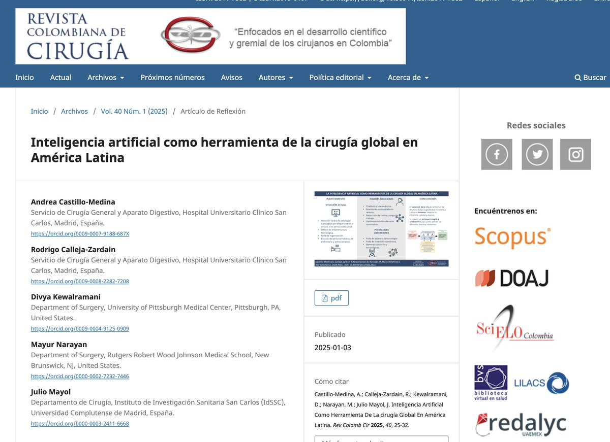 juliomayol's tweet image. Inteligencia artificial como herramienta de la #cirugíaglobal en América Latina
Un honor publicar en @revcolcirugia 
@divvya20k 
#AI #SoMe4Surgery #SoMe4IQLatAm 
revistacirugia.org/index.php/ciru…