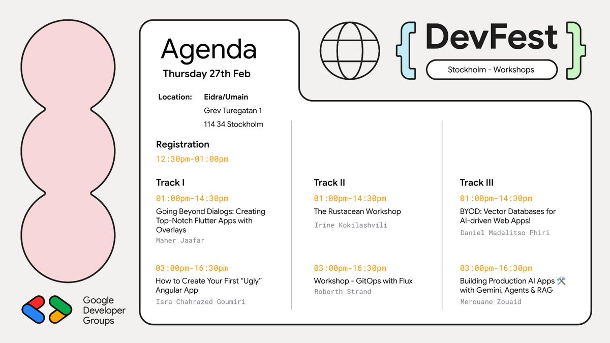 boredabdel's tweet photo. The Countdown to #DevFestStockholm2025 is on โณ Feb 27-28. We have workshops, talks, and networking opportunities ๐ฅณ
We have a fantastic agenda with world-class expert speakers about AI, Mobile, Web, Cloud, and More. In one of the best #DevFests you can ever attend in Europe ๐ช๐บ ๐ธ๐ช.
And we are almost out of tickets ๐๏ธ . So go ahead and get yours now --> https://t.co/FFStJzpSXr
@GdgCloudSthlm @SthlmAndroid
#DevFestStockholm2025 #GDGSweden