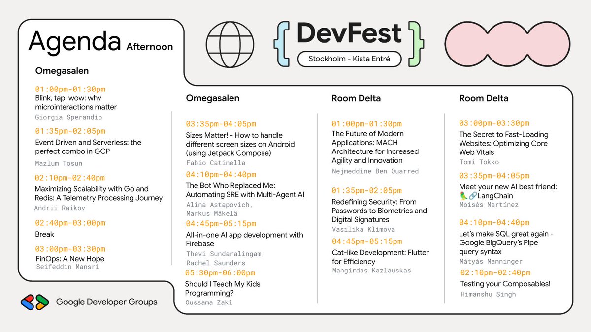 boredabdel's tweet photo. The Countdown to #DevFestStockholm2025 is on โณ Feb 27-28. We have workshops, talks, and networking opportunities ๐ฅณ
We have a fantastic agenda with world-class expert speakers about AI, Mobile, Web, Cloud, and More. In one of the best #DevFests you can ever attend in Europe ๐ช๐บ ๐ธ๐ช.
And we are almost out of tickets ๐๏ธ . So go ahead and get yours now --> https://t.co/FFStJzpSXr
@GdgCloudSthlm @SthlmAndroid
#DevFestStockholm2025 #GDGSweden