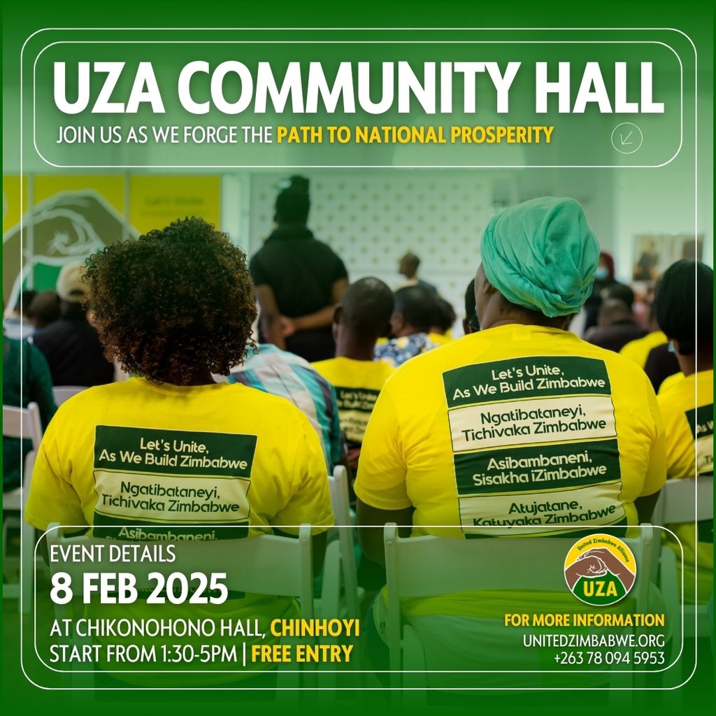 uzalliance's tweet photo. February 8th - ALL ROADS LEAD TO #CHINHOYI for the UZA Community Hall event. Add your voice and be part of the Path to National Prosperity! Be there 1:30-5pm at #Chikonohono Hall. https://t.co/bUyvgKADAN
