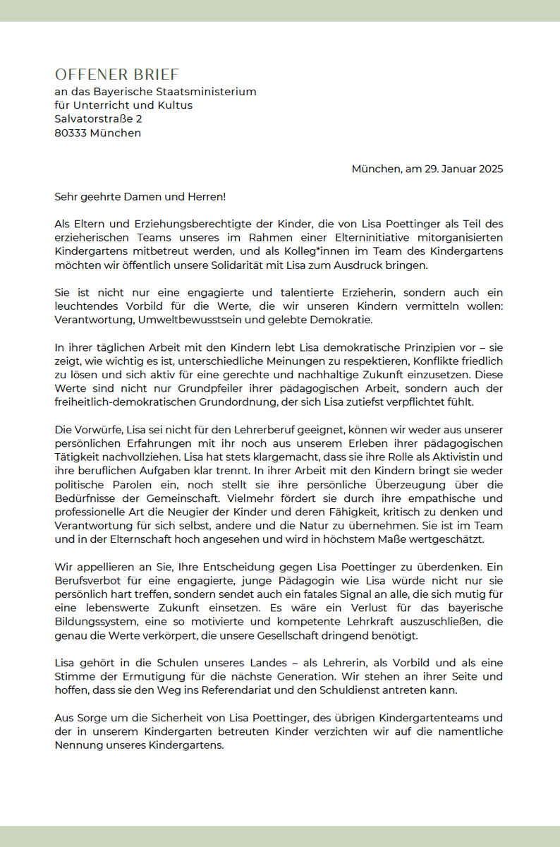 Ohne, dass ich es wusste, haben die Eltern und meine Kolleg:innen aus  dem Waldkindergarten, in dem ich arbeite, einen offenen Brief an das  Staatsministerium verfasst und sich gegen das #Berufsverbot gegen mich ausgesprochen. 

Ich hab vor Rührung und Dankbarkeit geheult.