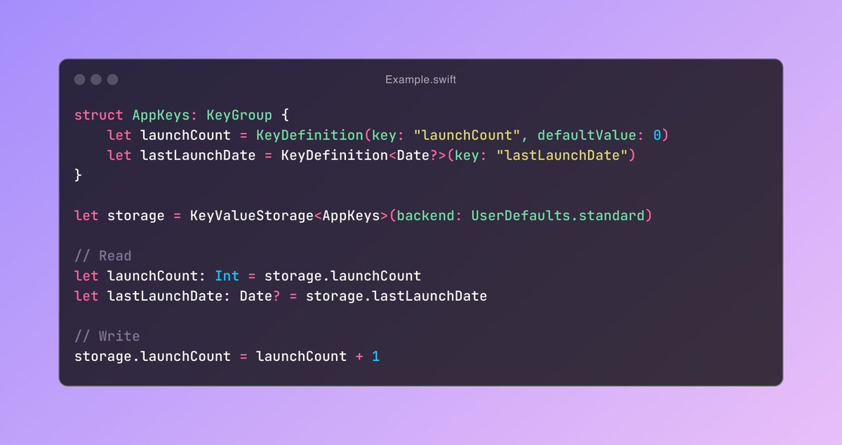 mtj_j's tweet image. I've released a new Swift Package, key-value-storage!!
This package is a type-safe, testable and observable wrapper of UserDefaults.
Check the repository shared in the following thread.