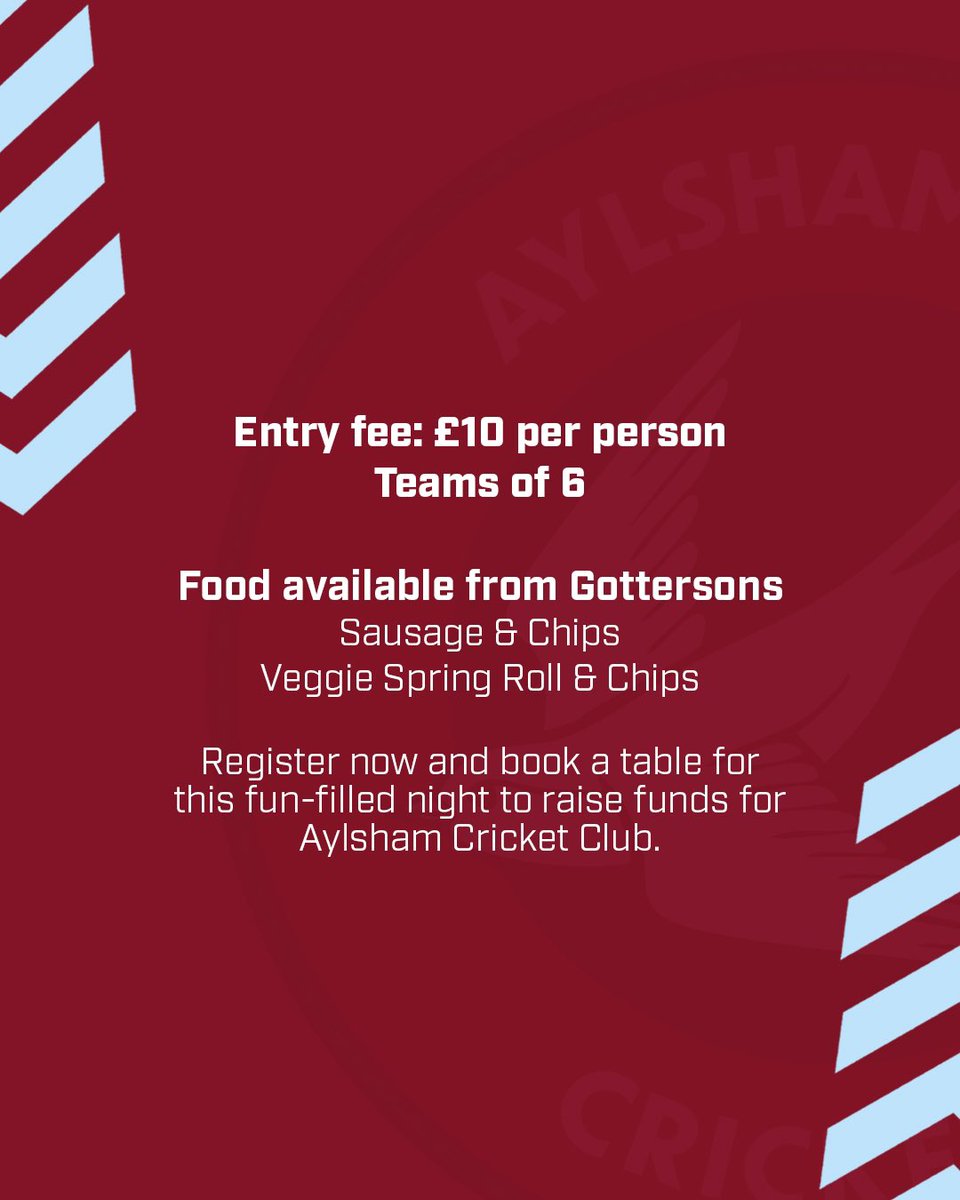 Aylsham Cricket Club (@aylsham_cc) on Twitter photo QUIZ NIGHT 📣 join us for our annual pub quiz on Saturday 1st March at Aylsham Town Hall. Doors open 6:30 and food will be available to pre order from Gottersons. Register your team by emailing fundraising.aylshamcricketclub@hotmail.com QUIZ NIGHT 📣 join us for our annual pub quiz on Saturday 1st March at Aylsham Town Hall. Doors open 6:30 and food will be available to pre order from Gottersons. Register your team by emailing fundraising.aylshamcricketclub@hotmail.com