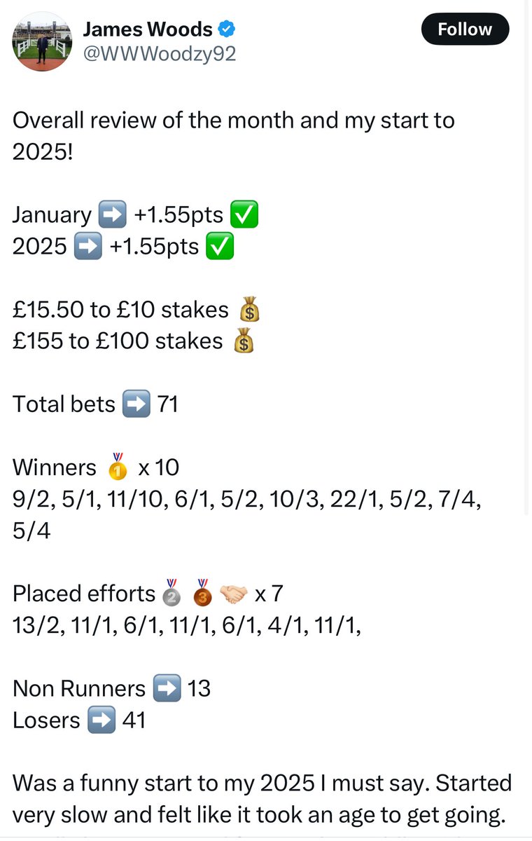 FinalShitePod's tweet image. -2 to end Jan for @WWWoodzy92 

‘Profitable month’

Yes if you take 5pm standout prices, place terms that aren’t there and double stakes when you don’t advise points and it’s been backed in

Jan 2025: -1.17
Since December 16th: -14.94

Imagine cheating to scrape fake profit..