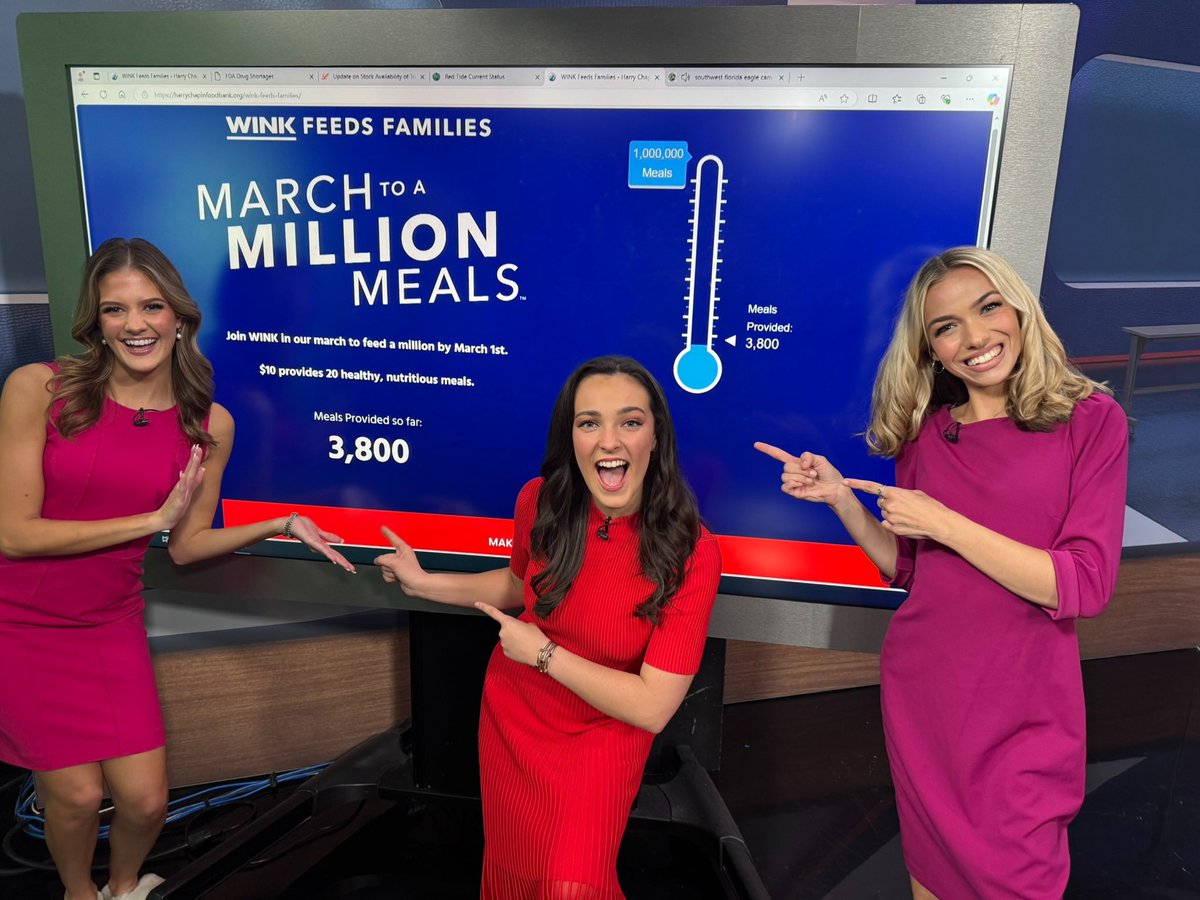 WeatherWithLaur's tweet photo. MARCH TO A MILLION MEALS!!!
It’s February 1st and we have a lofty goal here at WINK News to raise money for ONE MILLION meals by March 1st for families across SWFL! One dollar provides two meals.
DONATE HERE: https://t.co/pNAlWEReai @HCFBSWFL @ElizabethBirotv @maddieherron https://t.co/fVR7rux0Vp
